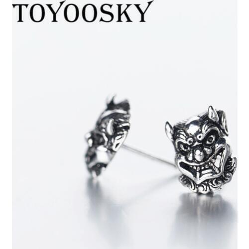 Retro Ancient Cool Evil Spirit Mask Shape Stud Earrings for Men Women 925 Sterling Silver Mysterious Special Ear Jewelry
