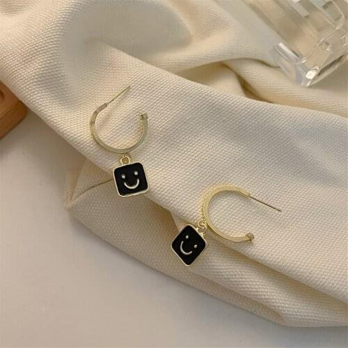 New Ins Simple Smiling Face Black Earrings Retro Personality Geometric Rectangle Smile Earrings For Women Girls Fashion Jewelry