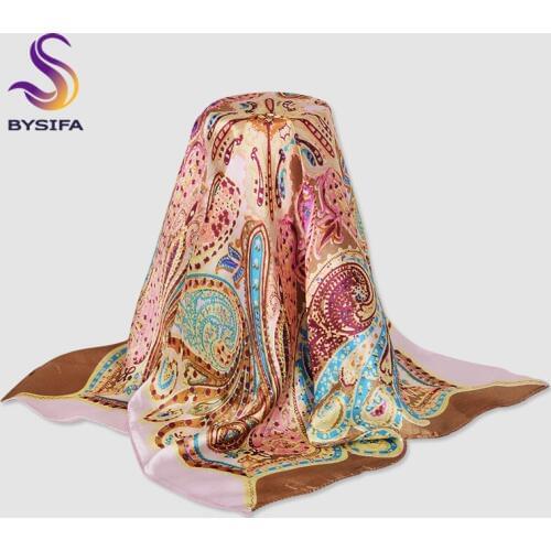 [BYSIFA] Autumn Women Neck Small Silk Scarf 2018 New Brand Paisley Pink Purple Square Scarves Fashion Accessories Baby Scarves