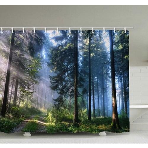 Green Forest Nordic Style Shower Curtains Set With Hooks Waterproof Green Natural Landscape Home Decoration Bathroom Curtain