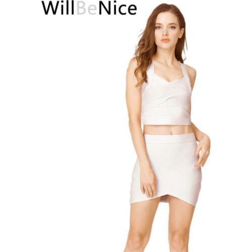WillBeNice 2019 New 2 Piece Set Spaghetti Strap Short Sexy Club Crop With Top Mini Cross Shaped High Waist Bandage Skirt Bodycon