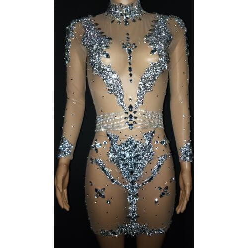 Bright Silver Rhinestones Mesh Dress Birthday Celebrate See Through Big Stones Dress Stage Evening Women Dancer Dress