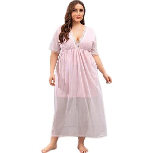 Female Sleep Wear Summer Short Sleeve Nightdress Lace Patchwork Sleepshirts V-Neck Lady Elegant Princess Long Sleeping Dress
