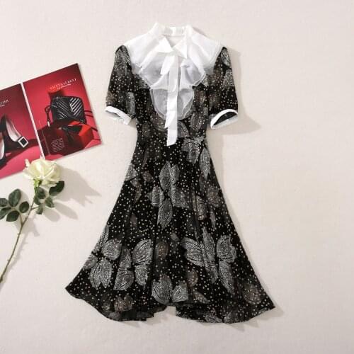 Womens American European and wear 2021 summer new style Short sleeved lapel frill Fashionable black print dress