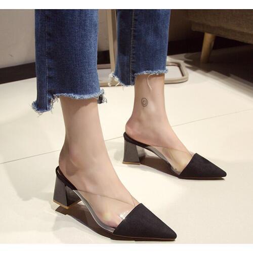 2020 Womens slippers outside spring Half drag one pedal Pointy comfortable square heel Elegant and generous dating shoes U24-97
