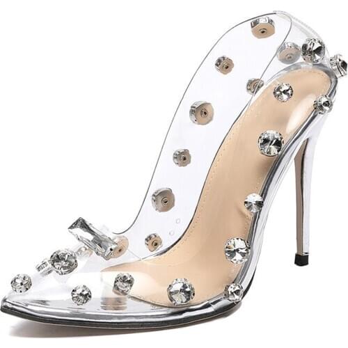 2020 Design Rivet Crystal Pumps Wedding Women Shoes High Heels PVC Transparent Sexy Night Club Femme Shoes