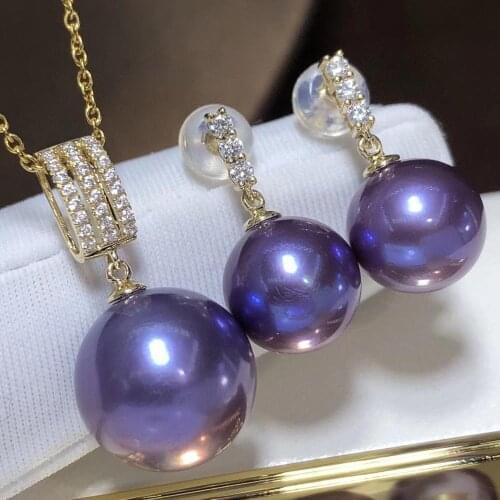 D308 Fine Jewelry 18K Gold 9-13mm Natural Fresh Water Purple Pearl Females Jewelry Sets for Women FIne Jewelry Sets