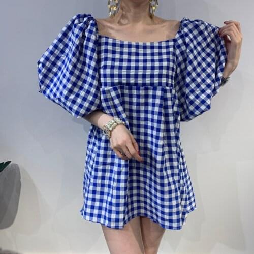 Puff Short Sleeve Dress Women Summer Blue Plaid Square Collar Backless Retro Dress Elegant Mini Dresses Female vestido de Mujer