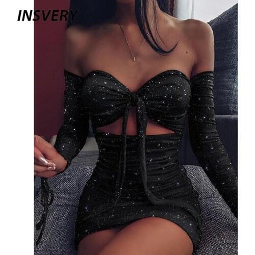 Party Sexy Dress Women Strapless Hollow Out Long Sleeve Summer Dress Solid Pleating Bandage Dresses Birthday Dress For Women