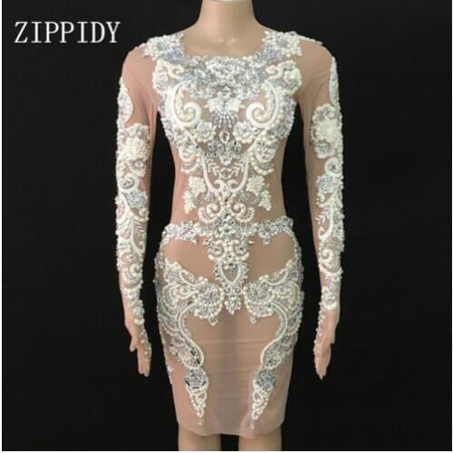 2018 Sparkly Pearls Lace Mesh Dress Sexy See Through Birthday Celebrate Dresses Outfit Party Dance Female Singer Outfit