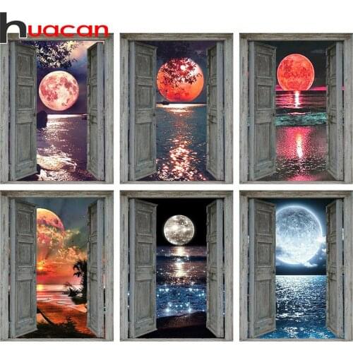 Huacan 5D DIY Diamond Painting Door Landscape Home Decor Diamond Embroidery Mosaic Moon Art