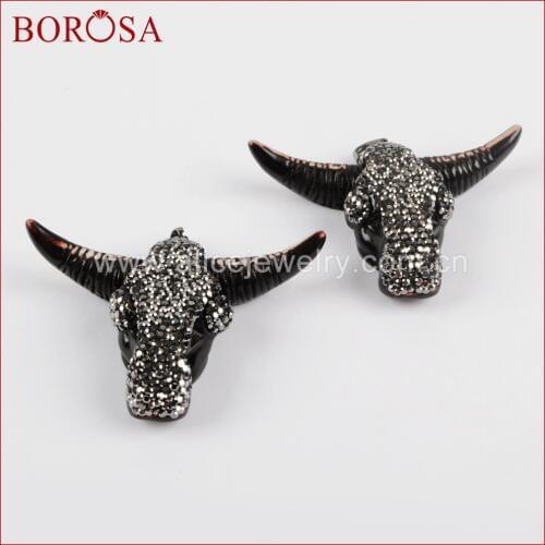 BOROSA 10PCS Druzy Black Resin Ox Head Pendant for Women,New Design Buffalo Cattle Horn Charm Pendant Rhinestone Pave JAB641