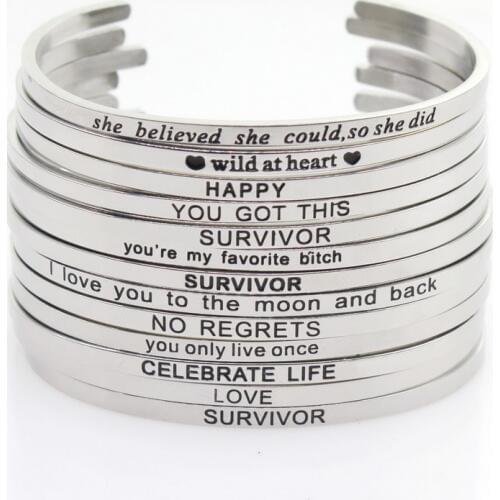 Drop Shipping Stainless Steel Bangle Engraved Positive Inspirational Quote Hand Stamped Cuff Mantra Bracelets For Men Women