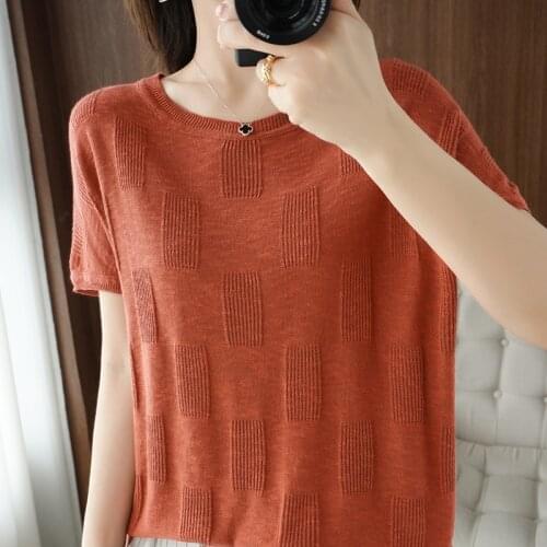 Cotton knit round neck short-sleeved loose cotton and linen half-sleeved thin top