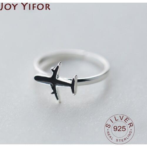 New Arrived Trendy Women Authentic 925 Sterling Silver Ring Chic Black Enamel aircraft Shape For Girls Birthday Jewelry