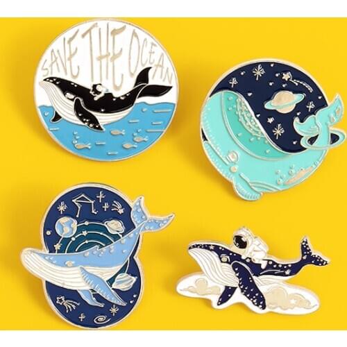 SAVE THE OCEAN 8-piece set Space flying saucer, astronaut whaleEnamel Pins Constellation Ocean Pin Badge Jackets Jewelry gift