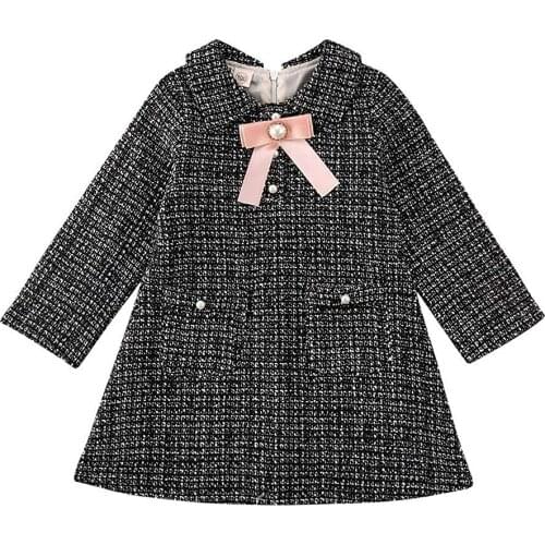 Sweet Fashion Baby Girl Kid Dress 1-6Y Zip Up Plaid Print Pearls Bow Coat Dress Party Autumn Clothe Outerwear