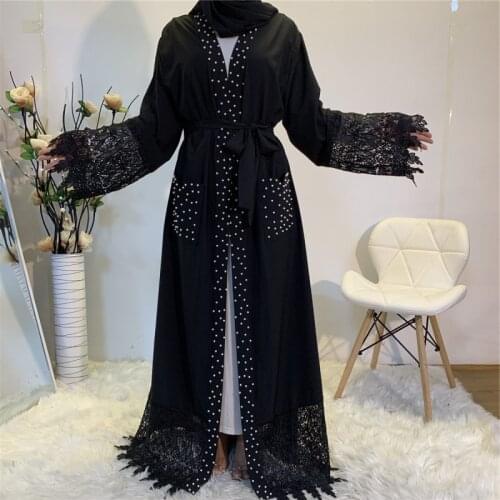Muslim Womens Long Sleeve Beaded Big Pocket Cardigan Islamic Black Robe Kaftan Lace Stitching Dress Abaya Party Dress Fashion
