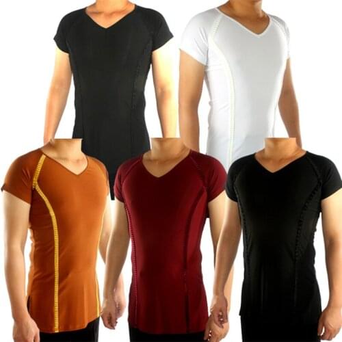 Men Latin Dance Shirts Slim Short Sleeve V-Neck Top Salsa Rumba Tango Cha Cha Show Wear MenS Adult Practice Clothing DNV13402