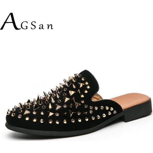 AGSan Men Shoes Mules Loafers Cow Leather Mens Rivets Spike Studs Shoes Big Size 38-47 Slip On Loafers Smoking Shoes Party Flats