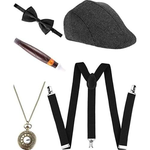 20s Party 5 Pieces 1920s Mens Gatsby Gangster Costume Accessories Set 30s Manhattan Gangster Beret Y-Back Suspender