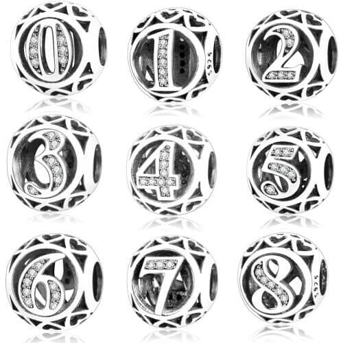 Wholesale Price Authentic 925 Sterling Silver Bead Charm Number 0 to 9 Beads Fit Charms Bracelets & Bangles DIY Berloque 2018