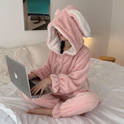 Pajamas Girl Autumn Winter Long-sleeved Set Student Rabbit Ears Loose Kawaii Girl Pink Pajamas Cartoon Coral Velvet Pajamas Set
