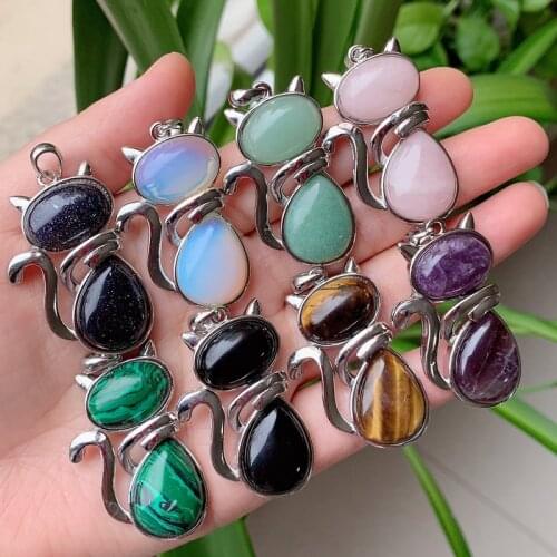 Reiki Healing Natural Stone Pendant Cute Cat Shape Amethysts Opal Black Onyx Pink Quartz Crystal Pendant Pendulum for Women Girl