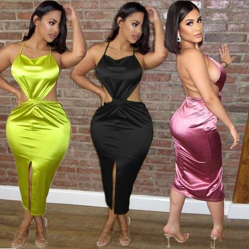 Sexy Halter Satin Dress Women Clubwear Backless Bandage Long Dresses Sleeveless Bodycon Sundresses 2021 Summer Dress Clothes