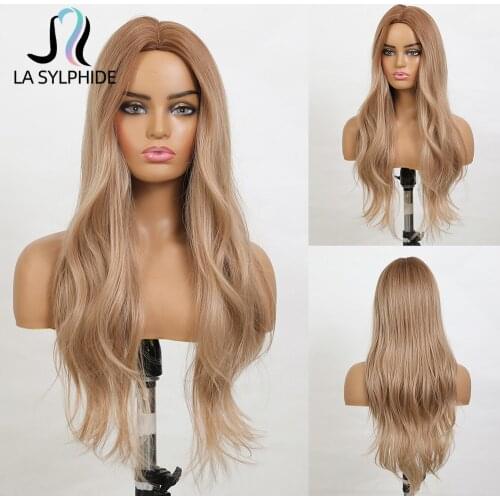 La Sylphide Synthetic Wig Long Wave Root Wheat Brown Ombre Light Blonde Hair Wigs Middle Part for Woman Daily Party Cute Wigs