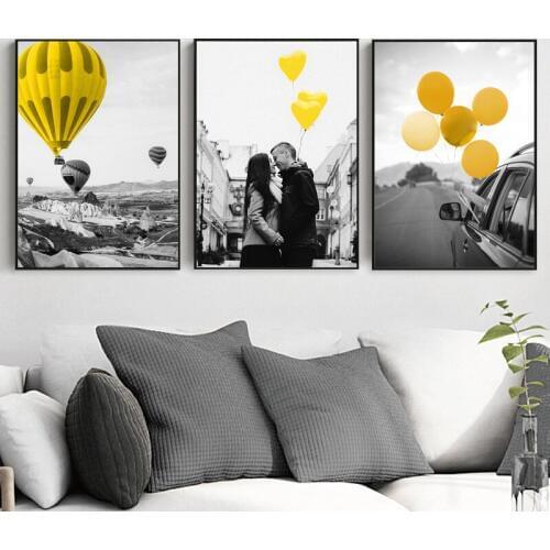 Modern Home Decoration Yellow Balloon Landscape Poster Nordic Lover Couple Quotes Art Canvas Painting Wall Pictures for Bedroom