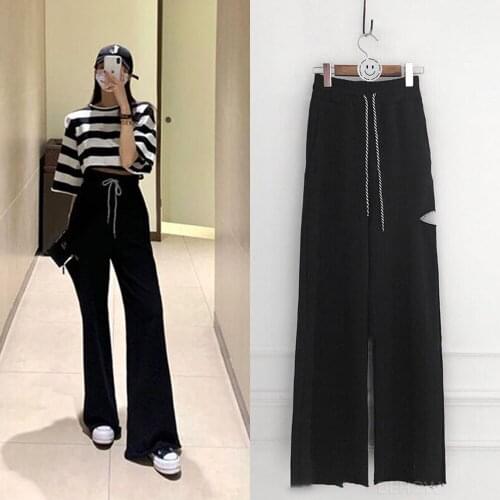 Sports-casual pants for women. Wide-leg pants with high waists