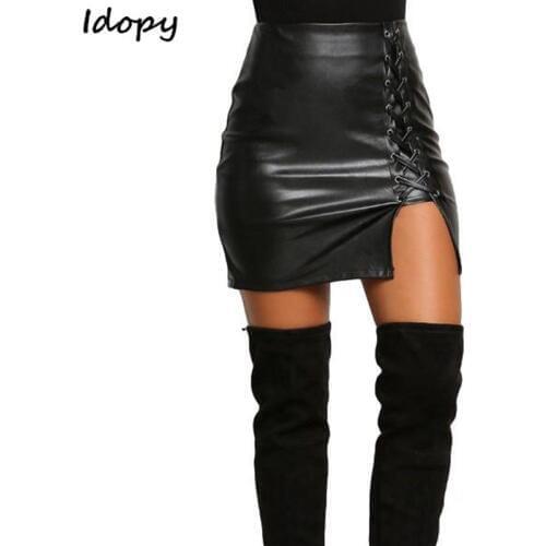 Idopy Women`s Faux Leather Skirts Solid Hot Sexy Casual Lace Up Punk PU High Waist Slim Fit A-Line Bodycon Mini Skirt Female