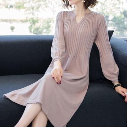 Knee Length Knitted Dresses 2021 Spring Autumn New Loose Bottoming Lantern Sleeve Women Dresses Warm A-Line Female Dresses