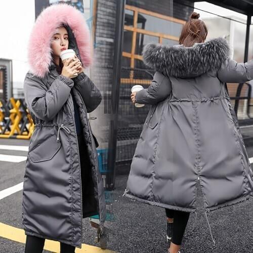 Winter Womens Jacket Long Down Cotton Padded Coat Women Parka Korean Pink Large Fur Female Parkas Chaqueta Mujer KJ670