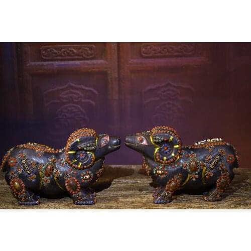 10"Tibet Temple Old Natural meteorite Filigree mosaic Gem Dzi Bead Goat statue A pair Town House Exorcism Ward off evil spirits