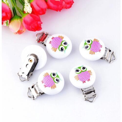 10PCs Baby Pacifier Clips Mixed Animal Owl Pattern White Wood Metal Holders Cute Infant Soother Clasps Accessories 4.4x2.9cm