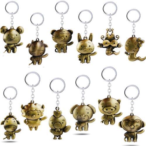 12 Zodiac Keychains Vintage Bronze Animal Key Chain Metal Pendant Tiger Dragon Pig Monkey Keyring Chaveiro Key Holder For Men