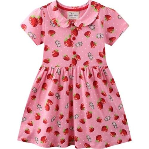 Strawberry Printing Pink Girls Lapel Dresses Cartoon Cotton Dress Short Sleeve Skirt Clothes Fashion Gifts For Children