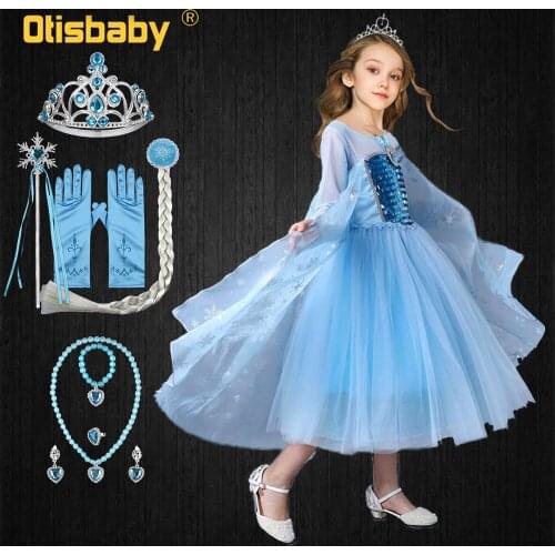 Girls Elsa Costume Blue Snow Queen Princess Dress Up with Long Tail Halloween Christmas Party Sequined Cosplay Fantasia Elsa