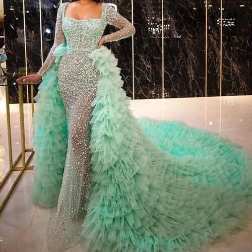 Mint Green Sequined Evening Dresses with Detachable Train Long Sleeve Prom Dress Beads Tier Tulle Skirt Celebrity Pageant Dress
