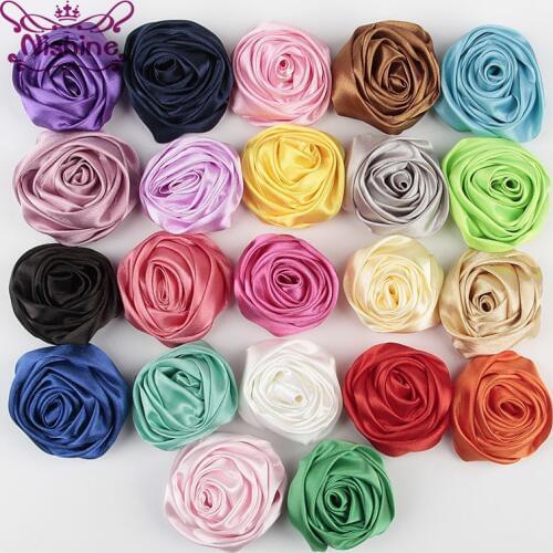 Nishine 10pcs/lot 2" Handmade Rolled Soft Satin Rose Flowers Artifcial Solid DIY Fabric Flowers For Kids Headwear Accessories