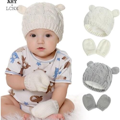 2021 New Style Baby Knit Hat Autumn Winter Warm Hat Gloves Set Childrens Cute Small Ear Shape Boys And Girls Cap
