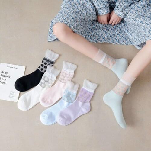 Spring and Summer New Thin Transparent Middle Tube Japanese Sweet Lace High Luokou Glass Silk Womens Socks Candy Color Florets