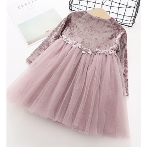 Girls Dress Solid Color Velvet Style Long Sleeves Waist Lace Kids Dresses For Girls Toddler Girl Clothes