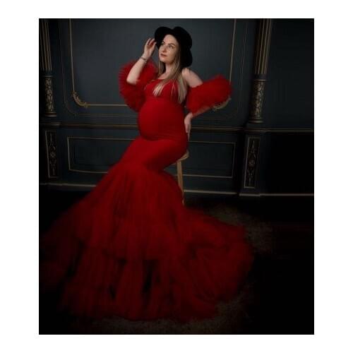 Sexy Red Mermaid Tulle Maternity Dresses Stretchy Floor Length Ruffles Detachable Sleeves Strapless Pregnancy Photo Shoot Go