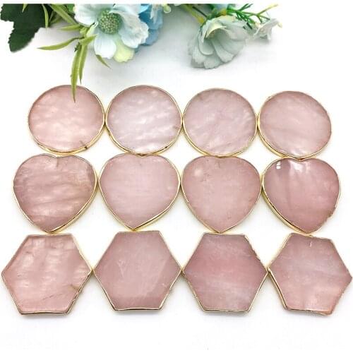 Natural Rose Quartz Coaster Hexagon Round Heart Shaped Crystal Platter Jewelry for Cup Mat Display Natural Stones and Minerals