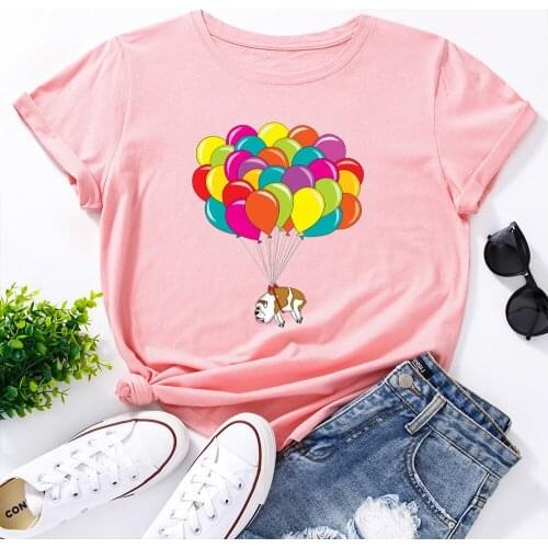 Plus Size Women Tshirts balloon pulling a dog Print T Shirt Women Short Sleeve O Neck Loose Tshirt Summer Women Tee Shirt Tops