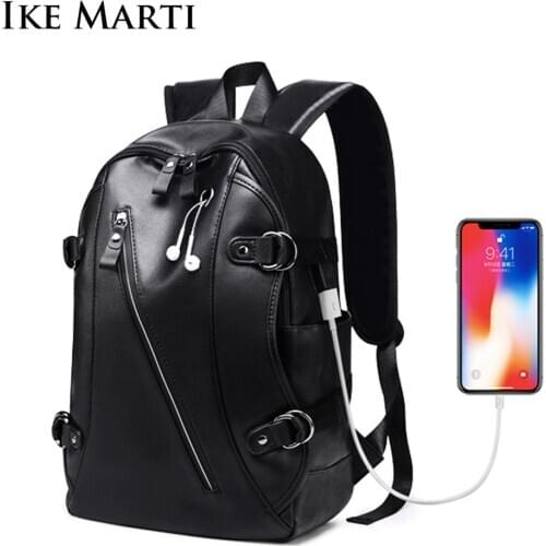 IKE MARTI PU Leather Backpacks Men USB Charging Waterproof 2020 New 14 inch School Laptop Bag Men Casual Daypacks Mochila