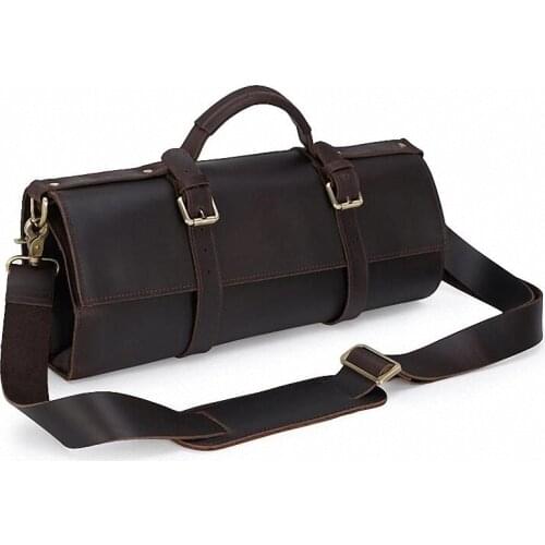 Men Crazy Horse Genuine Leather Knife Roll Storage Bag Travel-Friendly Men Shoulder Bag Chef Knife Case Roll